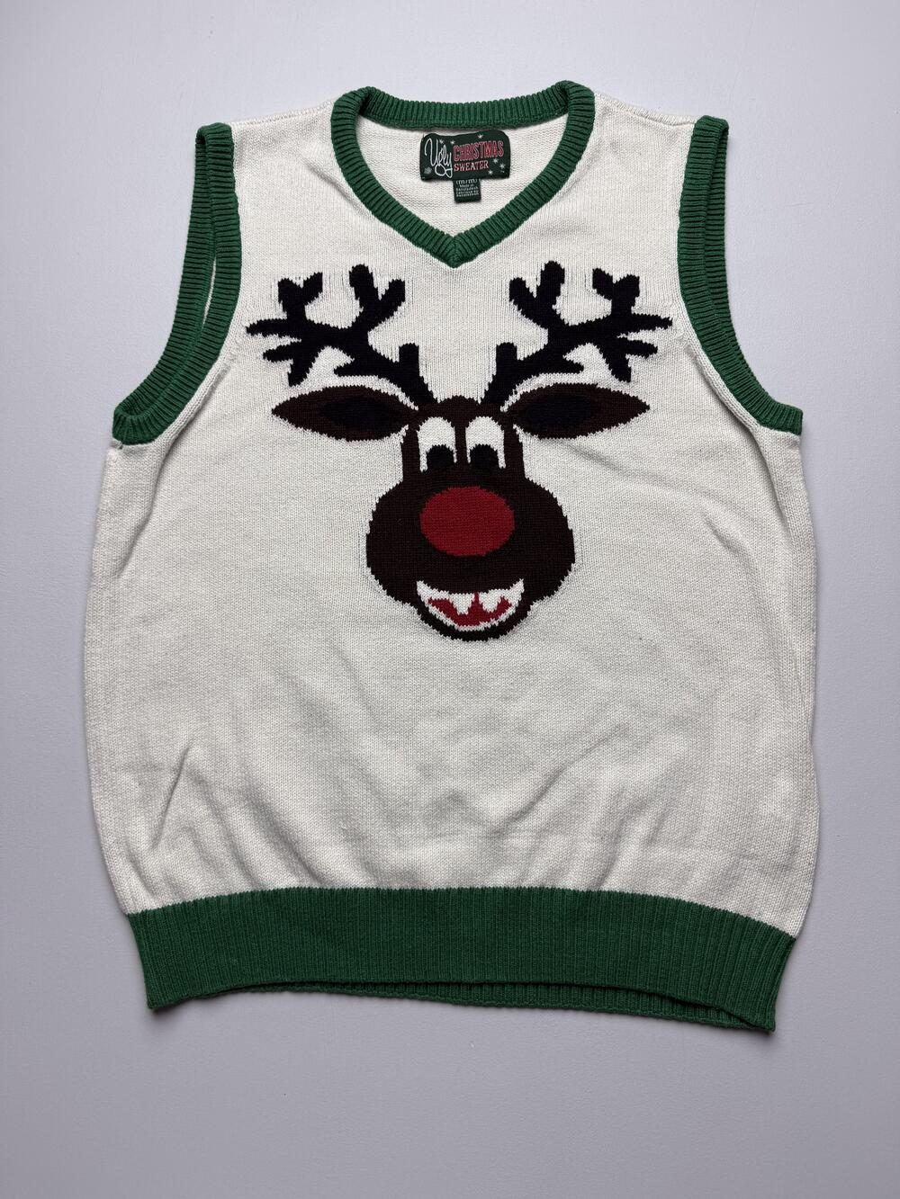 Ugly Christmas Sweater Sweater Vest Mens M White Reindeer V Neck Holiday Knit